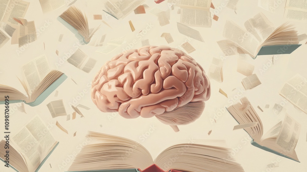 Leinwandbilder a brain is at the center, encircled by open books and flying pages, illustrating the connection betw