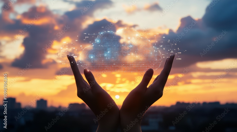 Poster a view of the cloud computing concept with hands holding protected data and a sunset city background