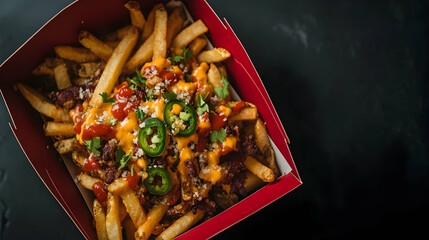 A box of loaded fries topped with melted cheese, jalapeños, and a tangy sauce, perfect for a spicy and bold snack.
