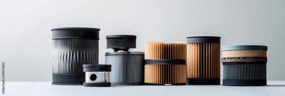 Poster different car filters are displayed on a light background, showcasing oil, air, and fuel filters in 