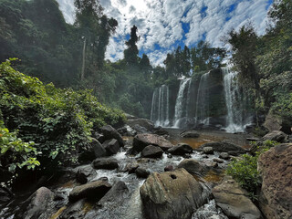 Waterfalls Cascading in Phnom Kulen Forest Wilderness, Phnom Kulen, Cambodia