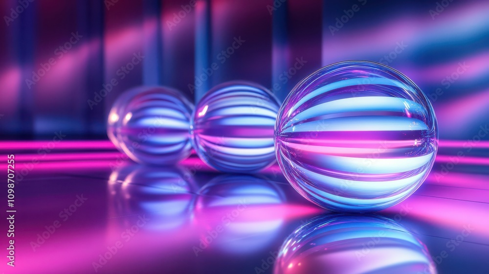 Poster abstract background in retrofuturism style. balls with glowing neon lines in dark room, floor reflec