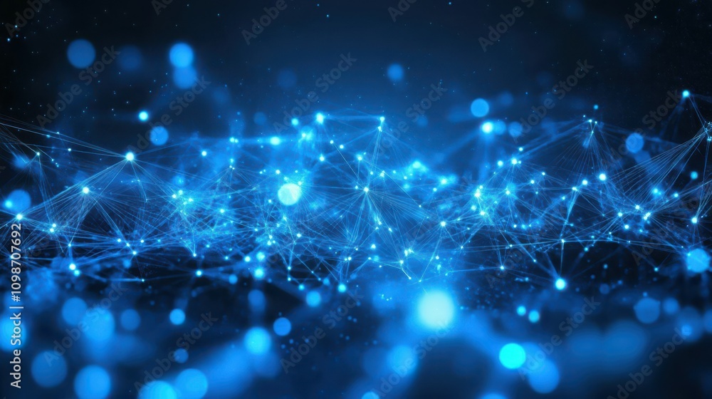 Poster abstract composition of interconnected blue dots with glowing lines and particles, futuristic techno