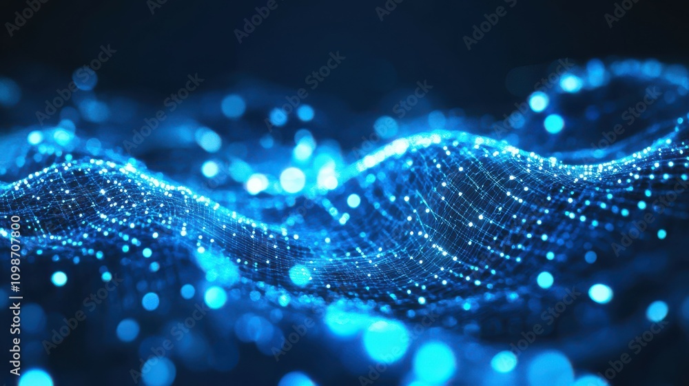 Poster abstract composition of interconnected blue dots with glowing lines and particles, futuristic techno