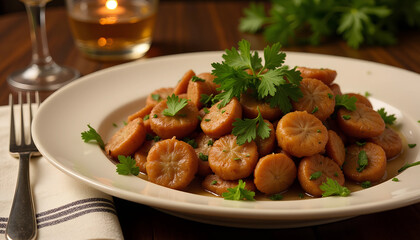Fototapeta premium Delightful medley of caramelized carrots with fresh herbs on a rustic wooden table