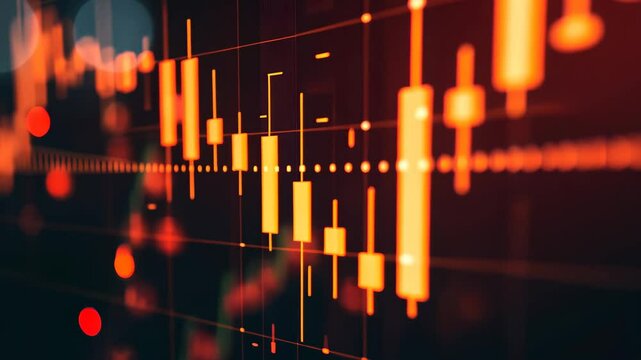 A detailed videograph capturing a close-up view of an orange object against a black background, A candlestick chart depicting a week of Forex trading