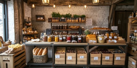A bakery-style retail shop selling jars of preserves and artisanal bread, wooden crates filled with fresh products creating a rustic and inviting vibe