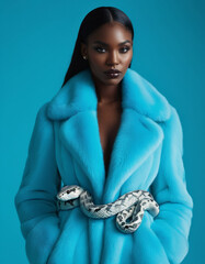 High fashion style portrait of black African American woman in cyan fur coat posing in studio with shimmering silver snake coiled around her waist as belt. Icy blue tones evoke cold winter atmosphere