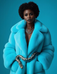 Stylish studio shot of a black African American woman dressed in cyan fur coat with coiled shimmering silver snake around her waist. Monochrome minimalist look, high fashion campaign, magazine cover