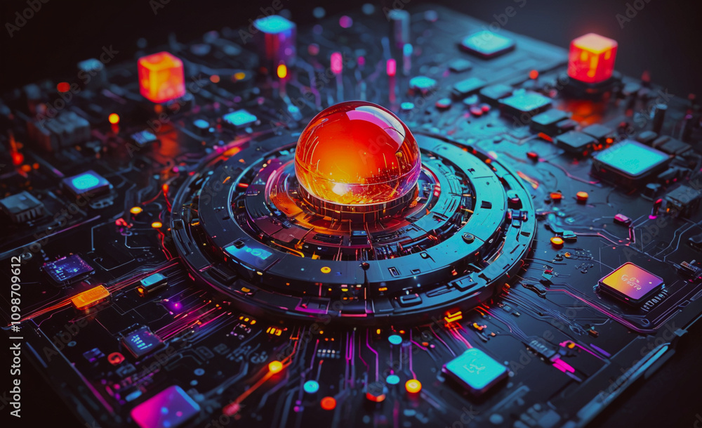 Poster a colorful, glowing, and abstract design of a computer chip. the design is made up of many small squ