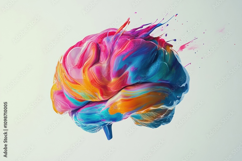 Leinwandbilder a brain is artistically covered in a burst of colorful paint strokes and splashes, representing crea