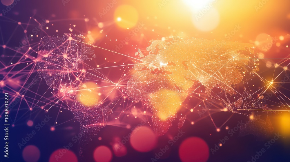 Poster an abstract background with dots and lines connecting global networks, digital technology, and commu
