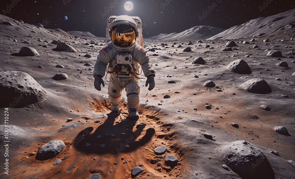 Aufkleber A man in a spacesuit is walking across a rocky, barren landscape. The scene is set in outer space, with the man standing in the foreground and the background featuring a large moon