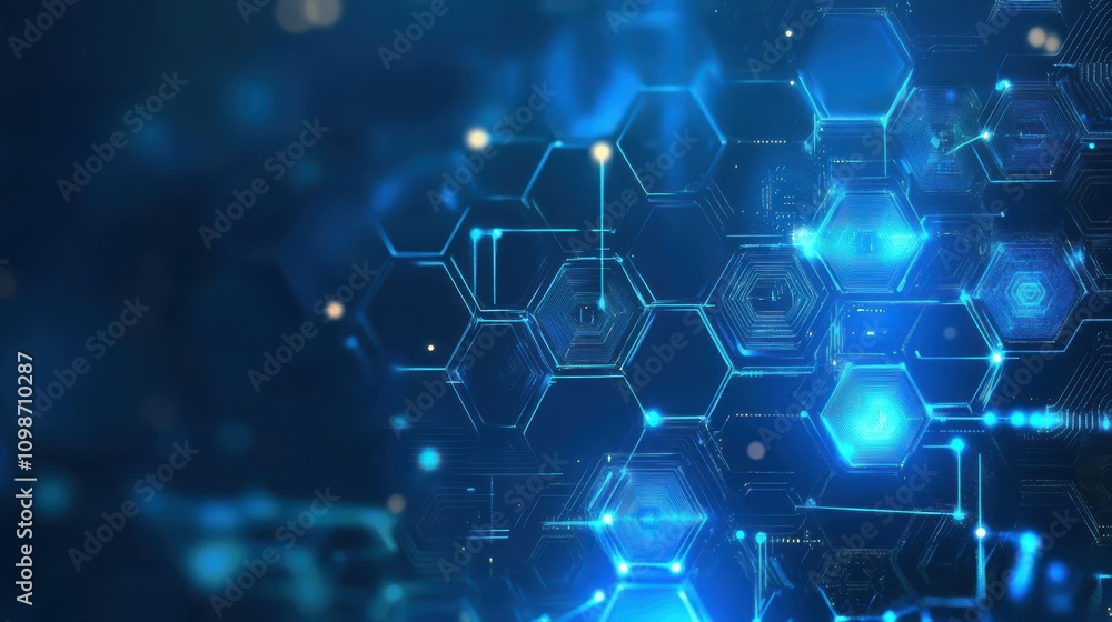 Poster an abstract blue computer technology background has hexagon circuit boards and circles in technology