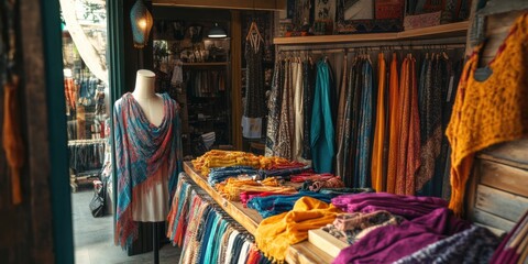 Obraz premium A boutique shop with mannequins wearing handcrafted clothing, a shopkeeper arranging colorful scarves and accessories on a display table