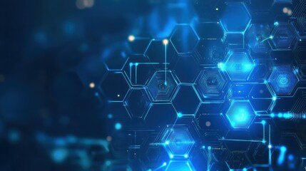 Obraz premium An abstract blue computer technology background has hexagon circuit boards and circles in technology illustrations.