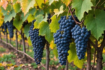 Naklejka premium Vertical close-up shot of leaves of grape plant in a vineyard in autumn