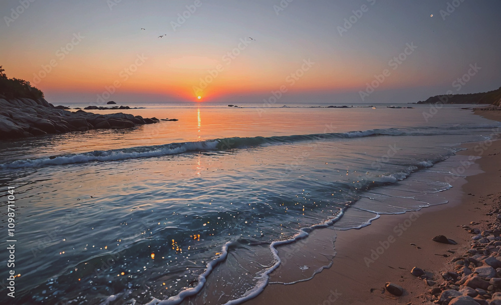 Poster the ocean is calm and the sun is setting, creating a beautiful and serene atmosphere. the water is a