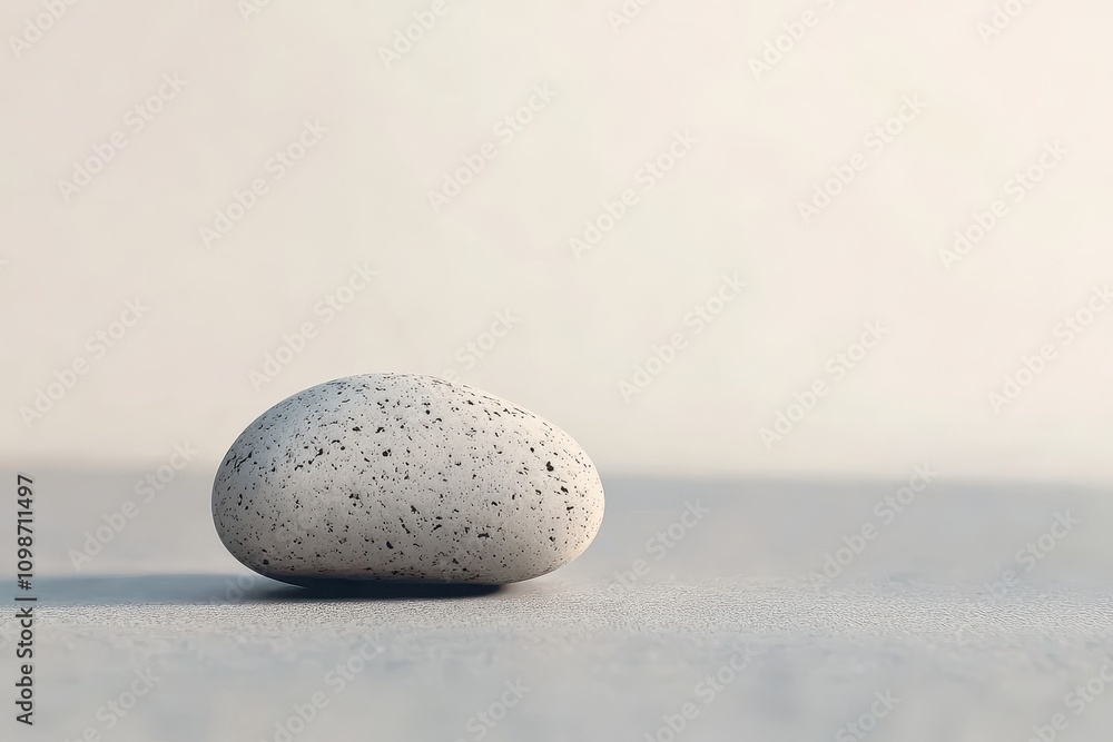 Poster smooth gray stone with speckles rests on a minimalist surface, showcasing natural texture and form