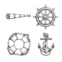 Nautical vintage elements set. Hand drawn sketch style. Symbols of adventure voyage, tourism, outdoor. Anchor, steering wheel, spyglass, lifebuoy. Vector illustrations.