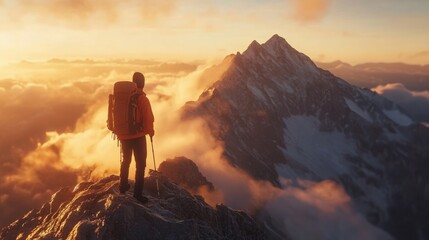 Fototapeta premium Majestic Mountain Sunrise A Hiker Embracing Natures Beauty at the Summit