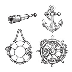 Nautical vintage elements set. Hand drawn sketch style. Symbols of adventure voyage, tourism, outdoor. Anchor, steering wheel, spyglass, lifebuoy. Vector illustrations.