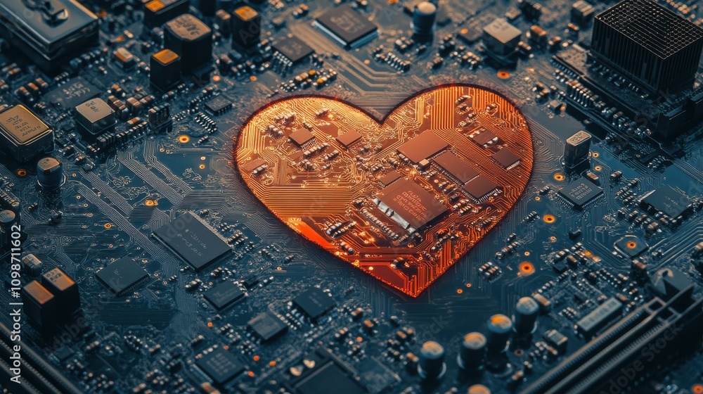 Poster an electronic circuit with a heart-shaped shape and intricate patterns on a motherboard represents t