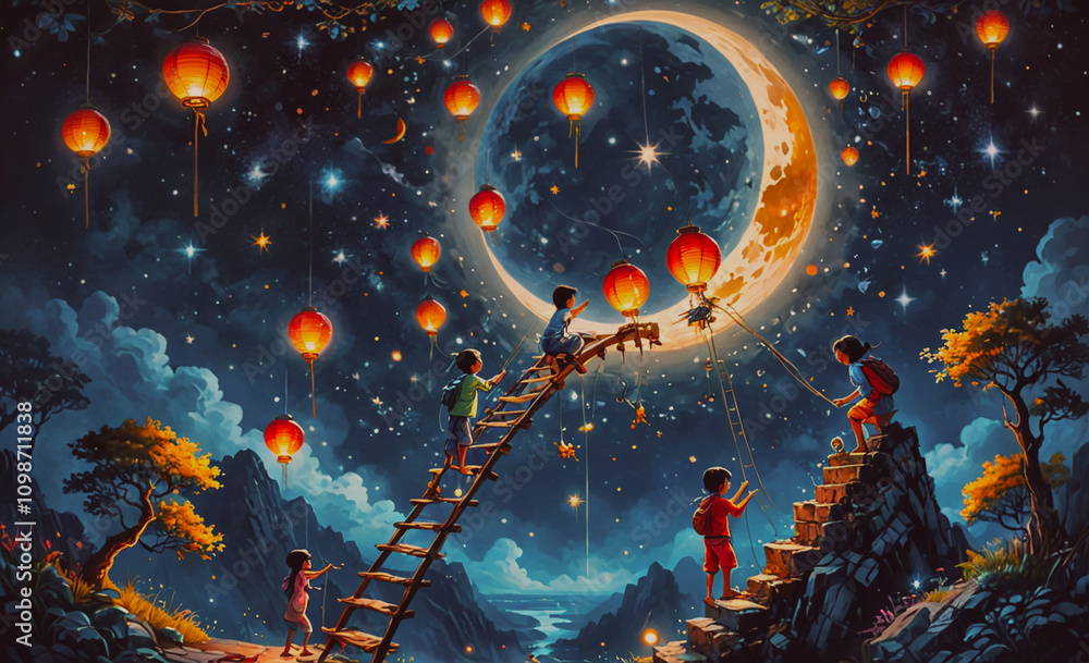 Aufkleber A group of children are playing on a ladder in front of a large moon. The scene is set in a dark, starry sky with a few lanterns floating in the air. Scene is playful and whimsical