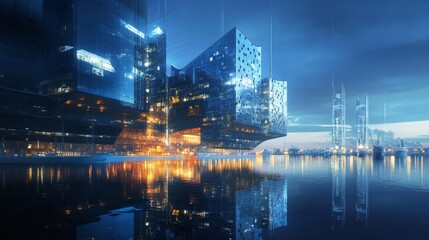 Fototapeta premium Futuristic Cityscape Reflected in Water at Dusk with Glowing Skyscrapers and Modern Architecture