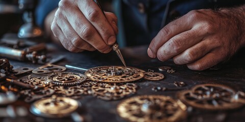 A clockmaker assembling gears into a vintage timepiece, tiny mechanical parts meticulously aligned on a dark wood table