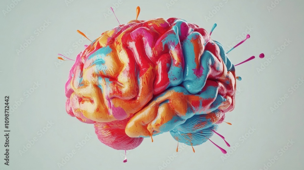 Poster a colorful brain adorns a light background, showcasing vivid splashes of paint in an artistic expres