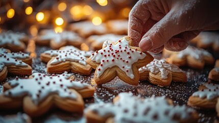 Hand picking a star-shaped cookie with white icing and red sprinkles from a tray of similar cookies, dusted with powdered sugar, bokeh lights in background.