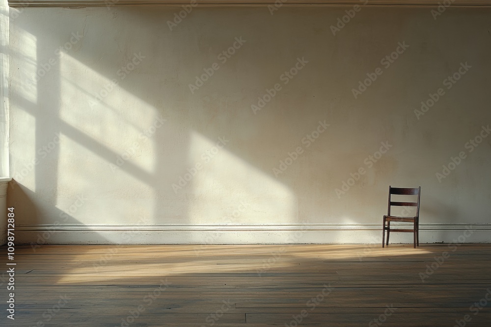 Leinwandbilder Sunlight streams through the window, casting shadows in an empty room featuring a wooden floor and a lone chair against the wall. Generative AI