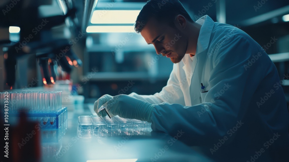 Poster a biochemical engineer working with microplates in a biotechnology lab. place to add text or design.