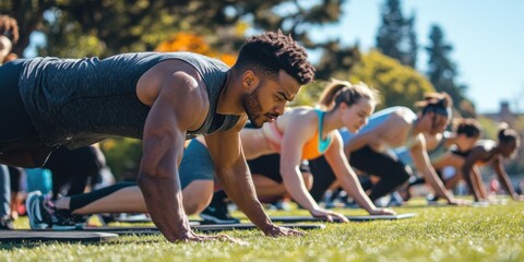 A community fitness challenge hosted by a local gym, participants doing planks and push-ups in an energetic outdoor event