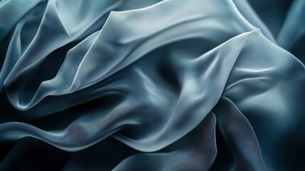 Obraz premium Abstract fashion background in muted blue-gray tones. Close-up of folded layers of fabric or paper. Wavy ribbons flutter in the dark, highlighted with bright studio light