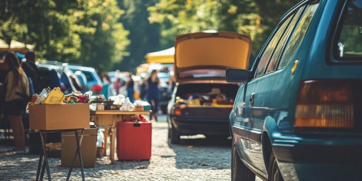 A community-run car boot sale with small businesses participating, cars with open trunks displaying handmade and second-hand goods