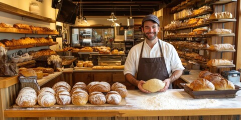 A cozy family-owned bakery with bread and pastries displayed on wooden shelves, a baker smiling while kneading dough on a floured counter