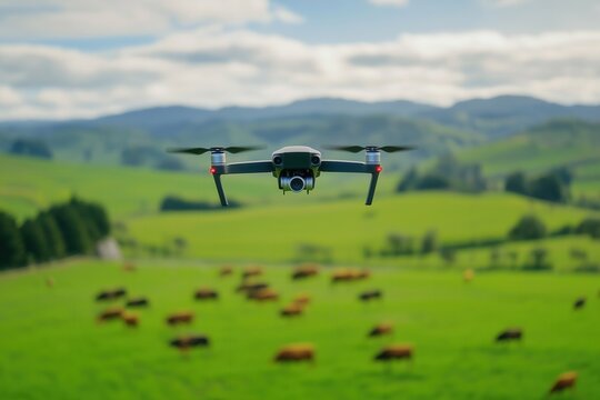A drone captured stunning visuals of cattle in vibrant green fields with picturesque rolling hills in the background, cow farm, Sustainable Dairy Farming, Animal Welfare in Dairy Farming