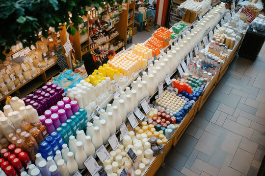 Stunning and Colorful Display of Various Bottled Products in Grocery Store Aisle. National Milk Day, World Milk Day, dairy products, Milk Consumption Trends, Economic Importance of the Dairy Industry
