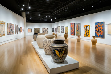Visit a modern art gallery that beautifully showcases a diverse collection of pottery and vibrant textile artworks