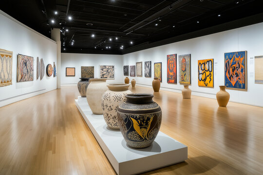 Visit a modern art gallery that beautifully showcases a diverse collection of pottery and vibrant textile artworks