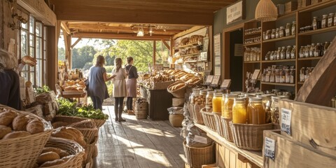 A farm shop with baskets of fresh produce, jars of honey, and artisan bread, customers browsing in a welcoming, rural setting
