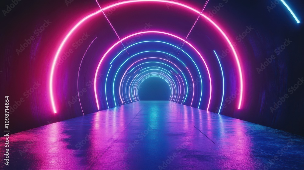 Poster animated and abstract tunnel, corridor with rays of light and new highlights. blue background with n