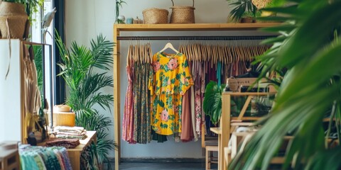 A fashion boutique showcasing vibrant seasonal collections, a shopkeeper rearranging racks of dresses and accessories with care