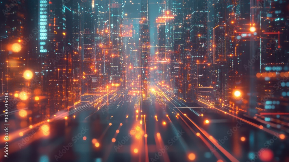 Poster a digital environment with glowing lights and bars illustrating dynamic information flow.