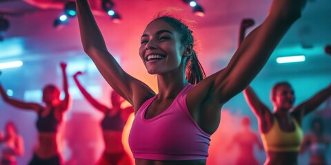 A fitness instructor leading a high-intensity interval training (HIIT) class, participants sweating and cheering under bright gym lights