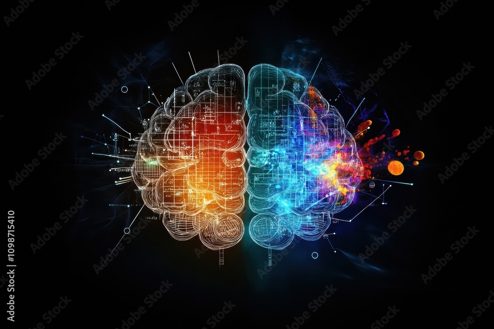 Poster digital artwork showcasing a split brain, illustrating both creative and analytical functions throug