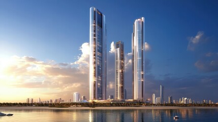 Fototapeta premium Architectural Marvels: Abu Dhabi's Majestic Skyscrapers Piercing the Sky - Marvel at the awe-inspiring skyscrapers that grace the skyline of Abu Dhabi, the epitome of modern architectural grandeur.