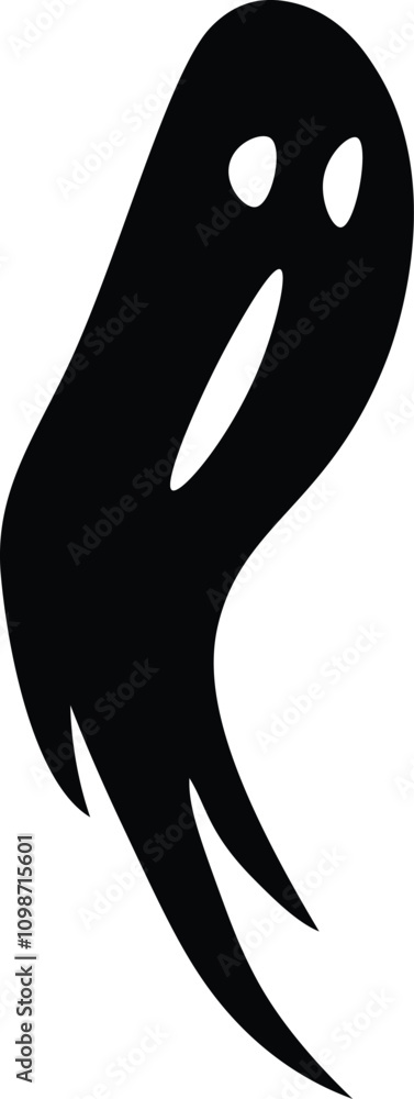 Poster minimalist vector illustration of a black ghost silhouette floating with a wispy tail, creating a sp